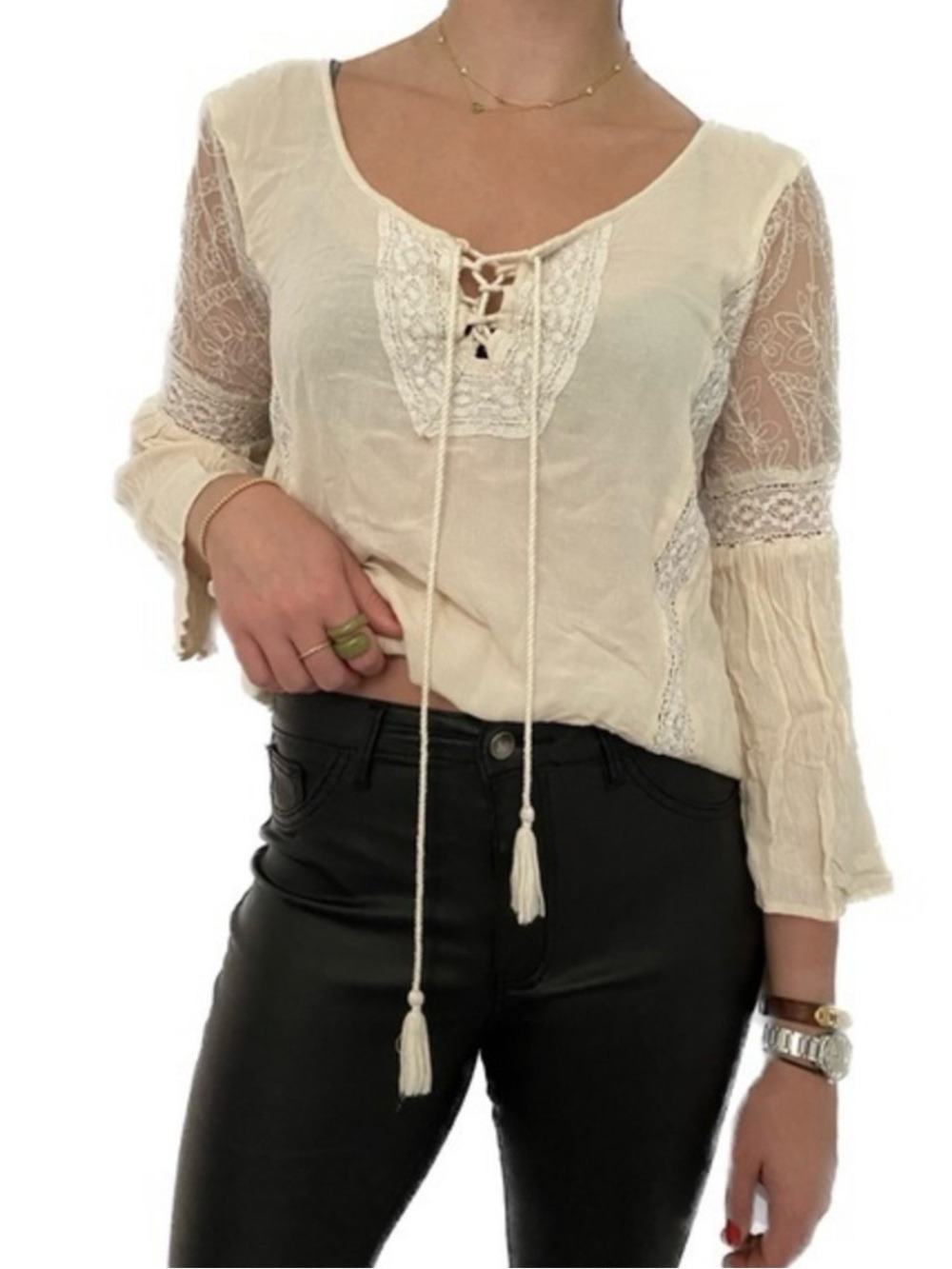 American Eagle Outfitters Boho Lace-Accent Cream Peasant Bell Sleeve Top - Picture 1 of 10